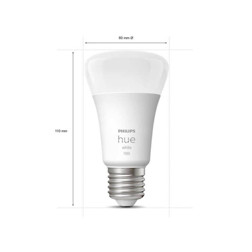 Žiarovka Philips Hue White 1100 s rozmermi 110 mm x 60 mm je zobrazená na bielom pozadí. Na žiarovke je vyznačený názov výrobcu a modelu.