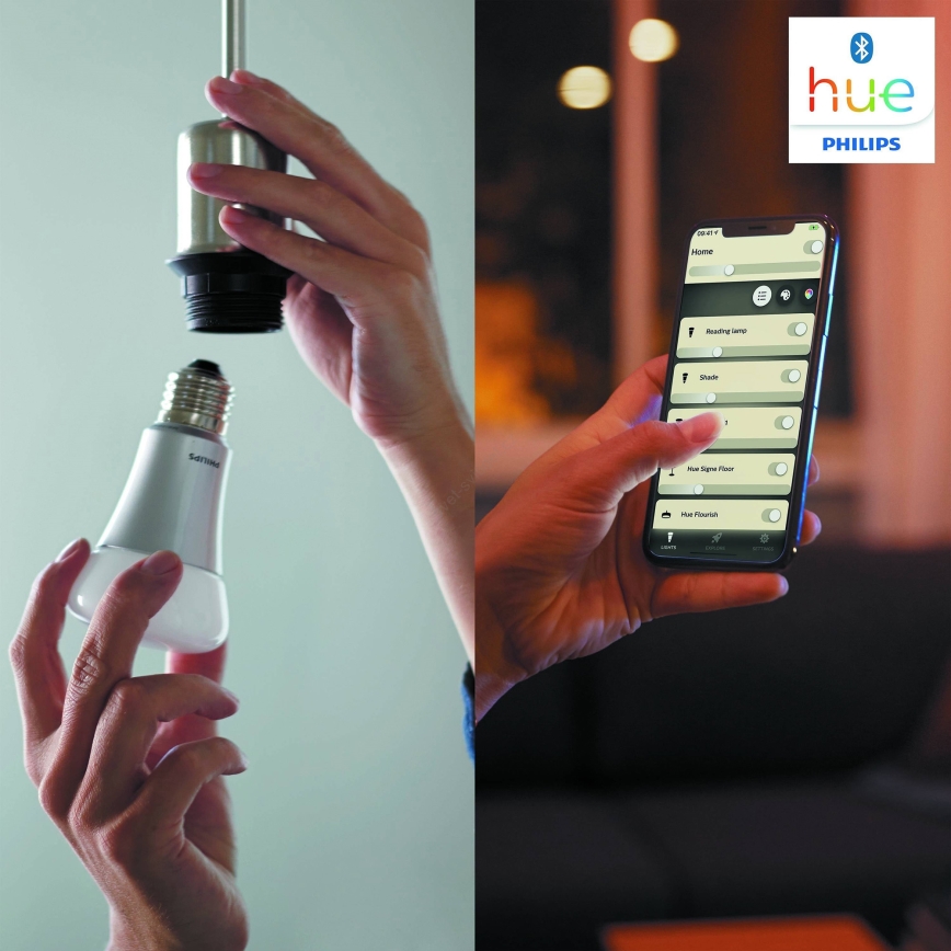 Ruka zaskrutkuje LED žiarovku do kovového držiaku. Druhá ruka ovláda mobilnú aplikáciu Philips Hue na nastavenie osvetlenia.