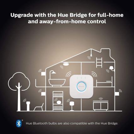 Philips Hue Bridge ovláda osvetlenie v dome aj na diaľku. Zobrazený je v schematickom pláne domu s rozsiahlym zapojením. Žiarovky Bluetooth Hue sú tiež kompatibilné.