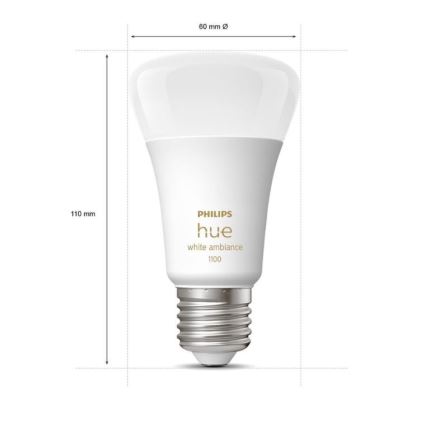 Žiarovka Philips Hue white ambiance 1100 s rozmermi 60 mm v priemere a 110 mm na výšku je zobrazená na bielom pozadí.
