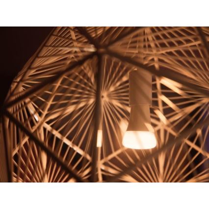 Svetlo svieti vnútri geometrickej lampy z prútia. Žiarovka je umiestnená v strede, obklopená prepletenými prútmi. Konštrukcia lampy je viacuholníková a pripomína kôš.