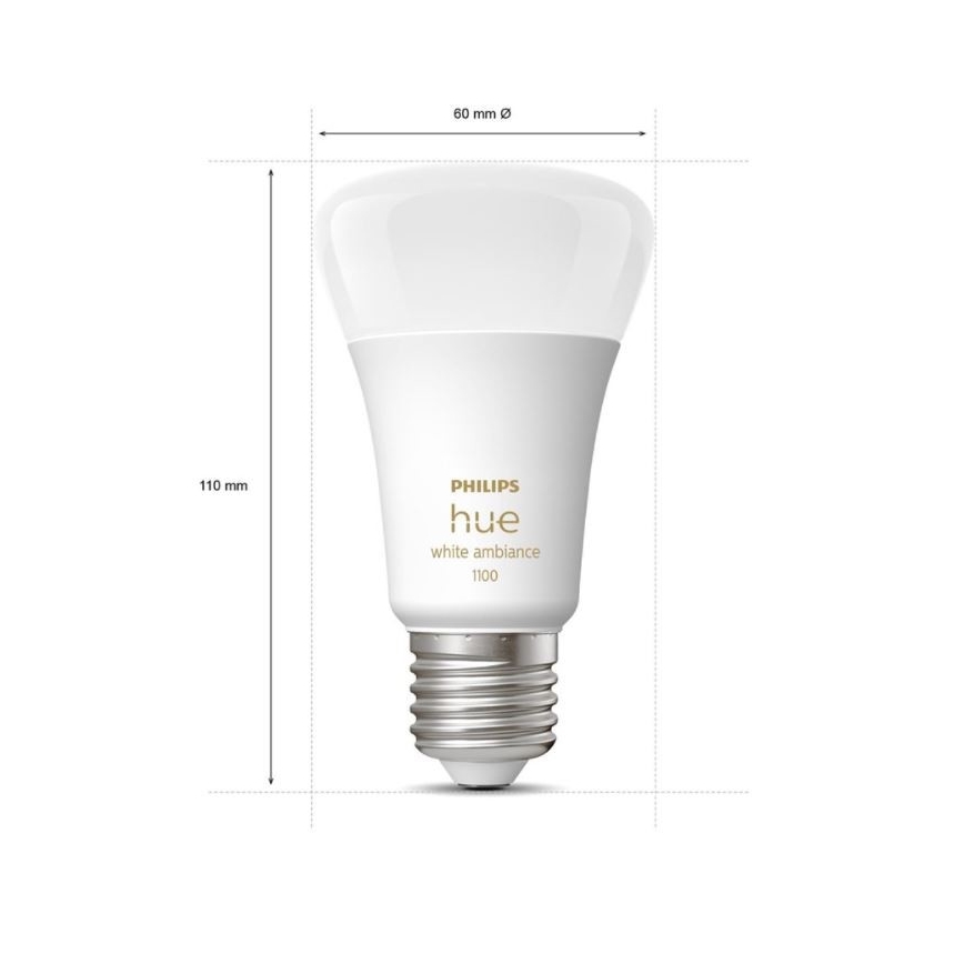 Žiarovka Philips Hue white ambiance 1100 s rozmermi 60 mm v priemere a 110 mm na výšku je zobrazená na bielom pozadí.