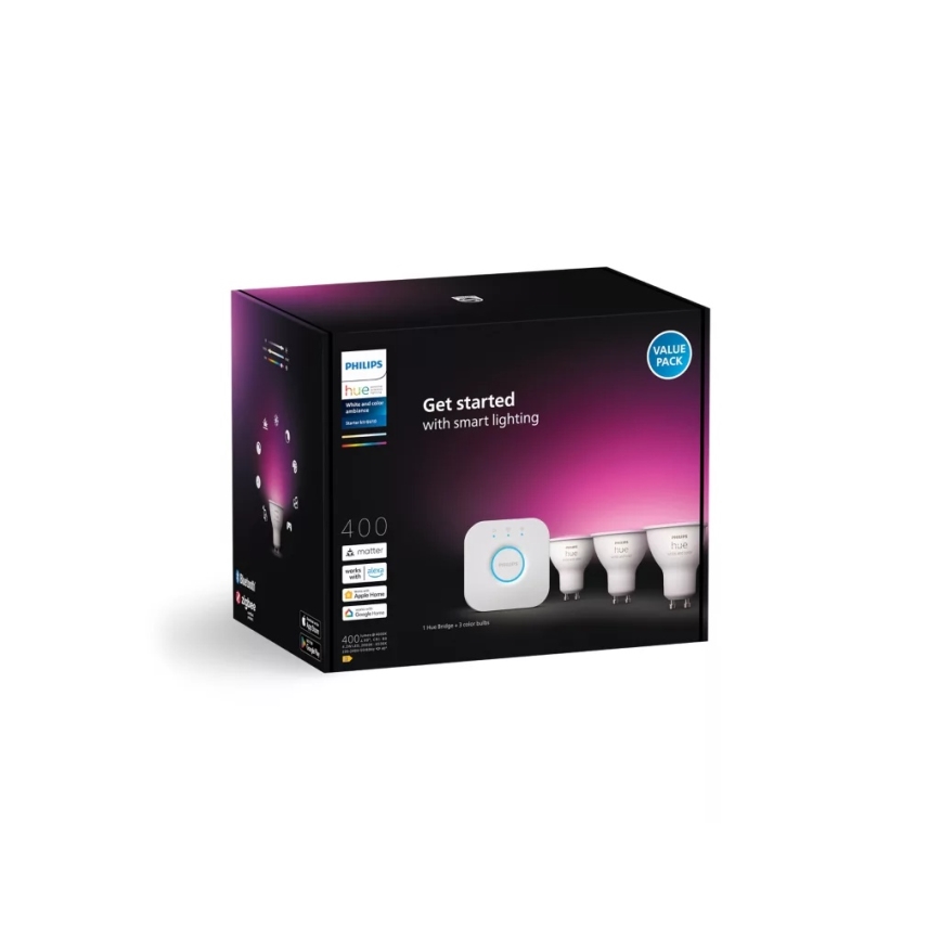 Štartovacia sada Philips Hue WHITE AND COLOR AMBIANCE 3xGU10/4,2W/230V 2200-6500K + Hue bridge