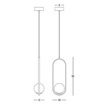 Dve visiace lampy s guľovou časťou; jedna s okrúhlou, druhá s oválnym rámom. Rozmery: 12 a 20 cm (šírka), 50 cm (výška), 8 cm (priemer stropnej úchytky).