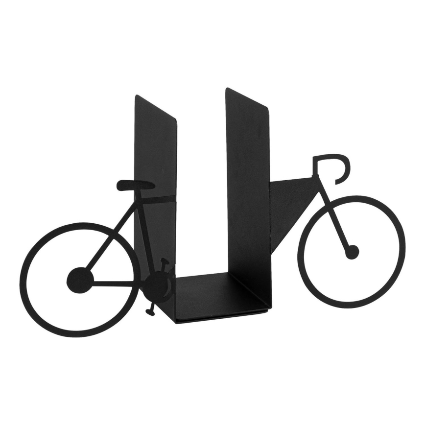 Držiak na knihy v tvare bicykla drží knihy. Je vyrobený z čierneho kovu a je umiestnený na bielom pozadí.