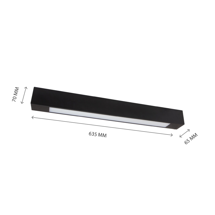Dlhá čierna LED lampa s rozmermi 635 x 65 x 70 mm je zobrazená na bielom pozadí. Lampa je umiestnená horizontálne.