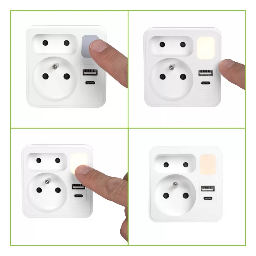 Rozbočovač s 2 zásuvkami + USB‑C + USB‑A s LED osvetlením LED 0,5 W 230 V 3000 K