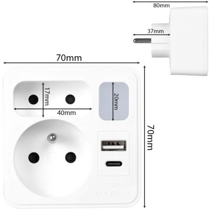 Rozbočovač s 2 zásuvkami + USB‑C + USB‑A s LED osvetlením LED 0,5 W 230 V 3000 K