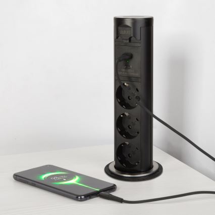 Zásuvkový stĺpik na dosku stola 3x230V + USB-A + USB-C čierny