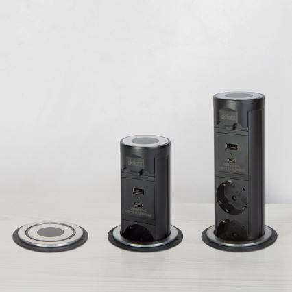 Zásuvkový stĺpik na dosku stola 3x230V + USB-A + USB-C čierny