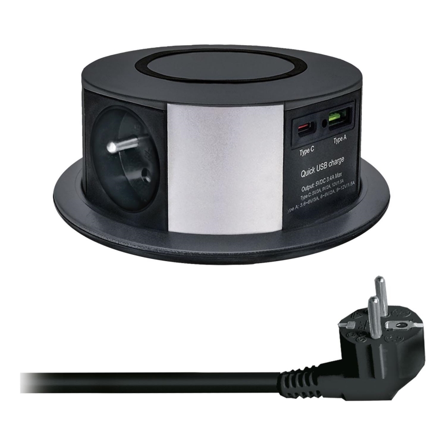 Zásuvkový stĺpik na dosku stola s bezdrôtovým nabíjaním Qi 3x230V + 1xUSB-A + 1xUSB-C čierna/strieborná