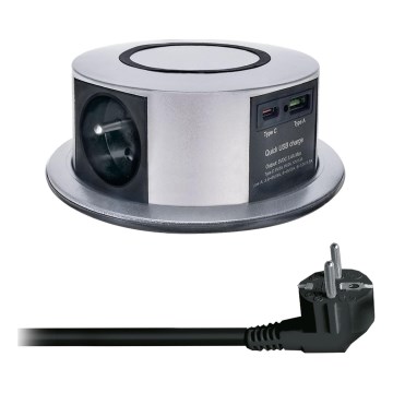 Zásuvkový stĺpik na dosku stola s bezdrôtovým nabíjaním Qi 3x230V + 1xUSB-A + 1xUSB-C strieborná/čierna