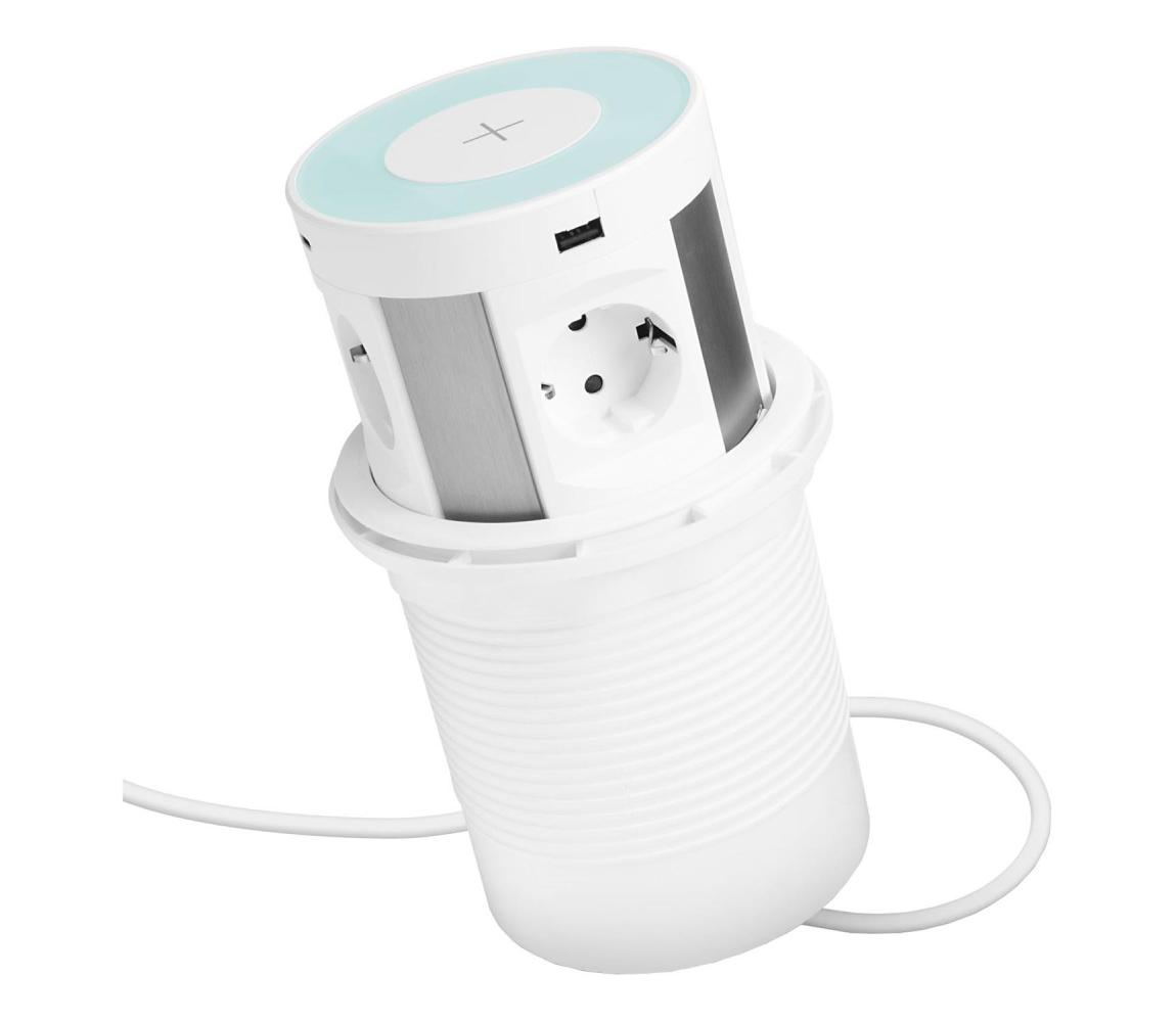 Zásuvkový stĺpik na pracovnú dosku s bezdrôtovým nabíjaním 4×230 V + 2× USB‑A + 2× USB‑C, biela 20434WH