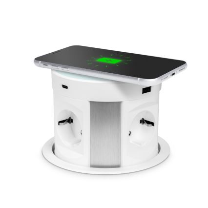 Zásuvkový stĺpik pre dosku stola s bezdrôtovým nabíjaním — 4×230 V + 2× USB-A + 2× USB-C, biely