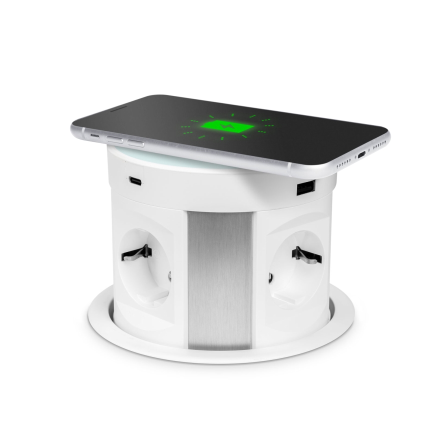 Zásuvkový stĺpik pre dosku stola s bezdrôtovým nabíjaním — 4×230 V + 2× USB-A + 2× USB-C, biely