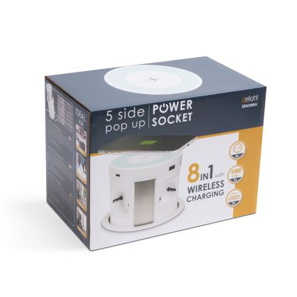 Zásuvkový stĺpik pre dosku stola s bezdrôtovým nabíjaním — 4×230 V + 2× USB-A + 2× USB-C, biely