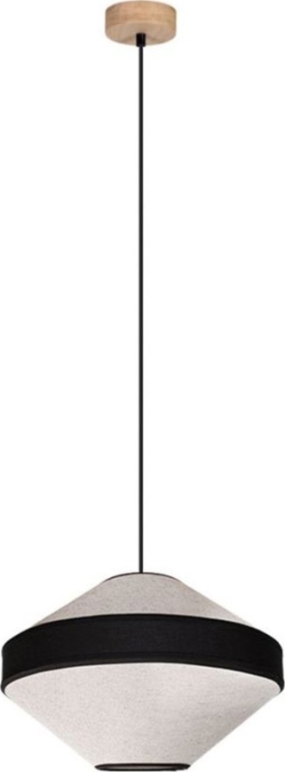 Závesné svetlo s dvojitým tienidlom v tvare obráteného kužeľa visí zo stropu. Horná časť tienidla je svetlošedá, stredná časť je čierna a spodná časť je svetlošedá. Stropný úchyt je drevený.