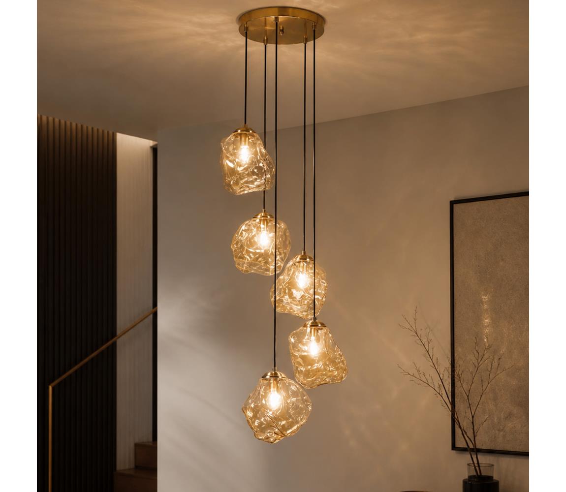 Závesné svietidlo na lanku CRISTAL 5xE14/15W/230V mosadz/dymovo-béžová LM-5.302/PATYNA/AMBER