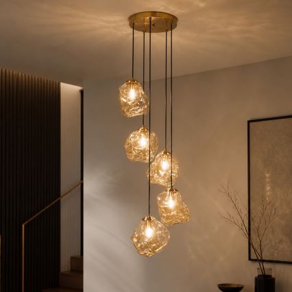 Závesné svietidlo na lanku CRISTAL 5xE14/15W/230V mosadz/dymovo-béžová