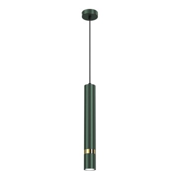 Zelená valcová závesná lampa visí na čiernom kábli z čiernej stropnej konzoly. Lampa má zlatý prúžok. Biely pozadia.