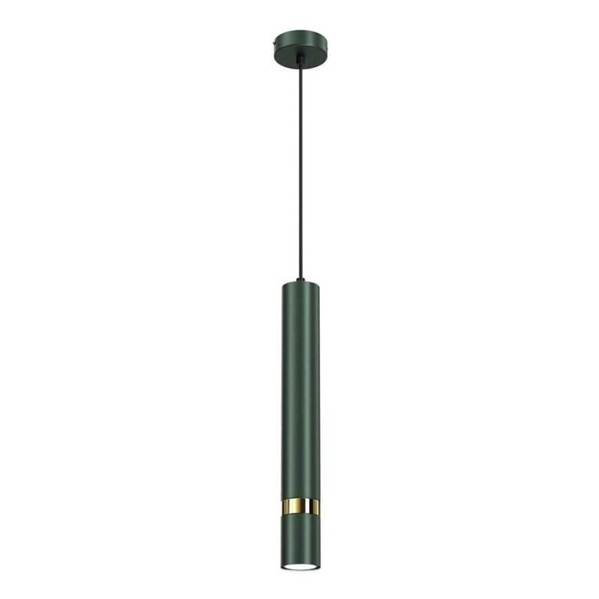 Zelená valcová závesná lampa visí na čiernom kábli z čiernej stropnej konzoly. Lampa má zlatý prúžok. Biely pozadia.