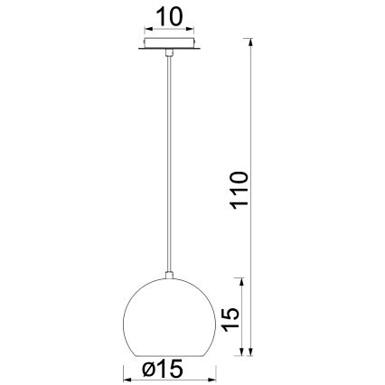 Závesné svietidlo s guľovým tienidlom visí zo stropu na dlhom kábli. Rozmery tienidla: priemer 15 cm, výška 15 cm. Dĺžka kábla: 110 cm. Priemer stropnej rozety: 10 cm.