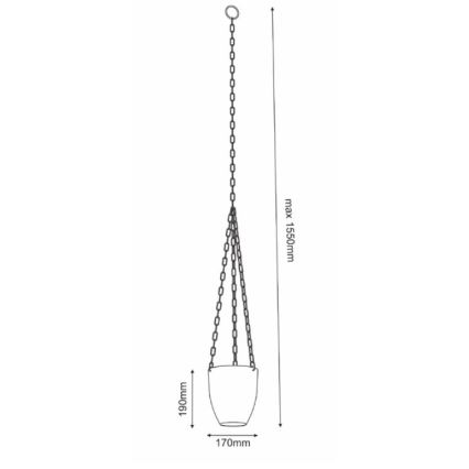 Závesný kvetináč s priemerom 170 mm a výškou 190 mm visí na troch retiazkach s maximálnou dĺžkou 1550 mm.
