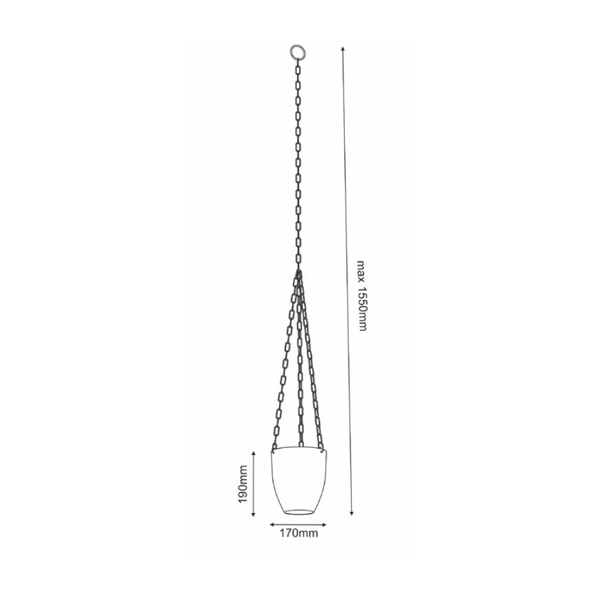 Závesný kvetináč s priemerom 170 mm a výškou 190 mm visí na troch retiazkach s maximálnou dĺžkou 1550 mm.