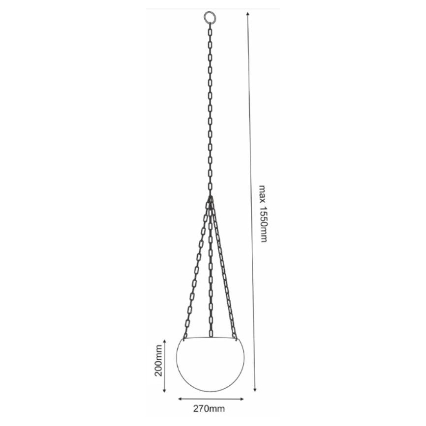 Závesný kvetináč visí na troch reťaziach. Má priemer 270 mm a výšku 200 mm. Maximálna dĺžka reťazí je 1550 mm.