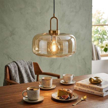 Závesný luster AMAYA na lane 1xE27/15W/230V, zlatá/dymovo-béžová