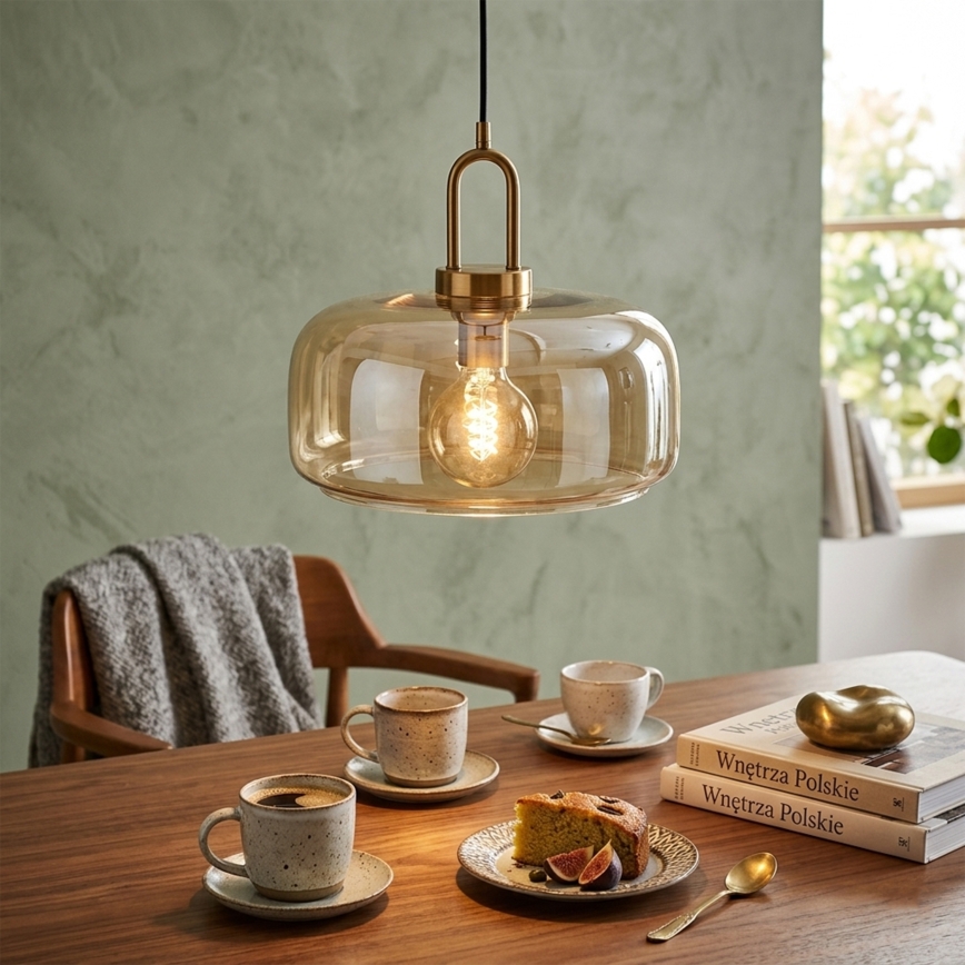 Závesný luster AMAYA na lane 1xE27/15W/230V, zlatá/dymovo-béžová