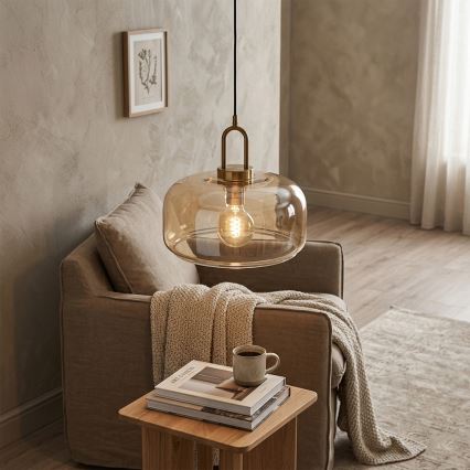Závesný luster AMAYA na lane 1xE27/15W/230V, zlatá/dymovo-béžová