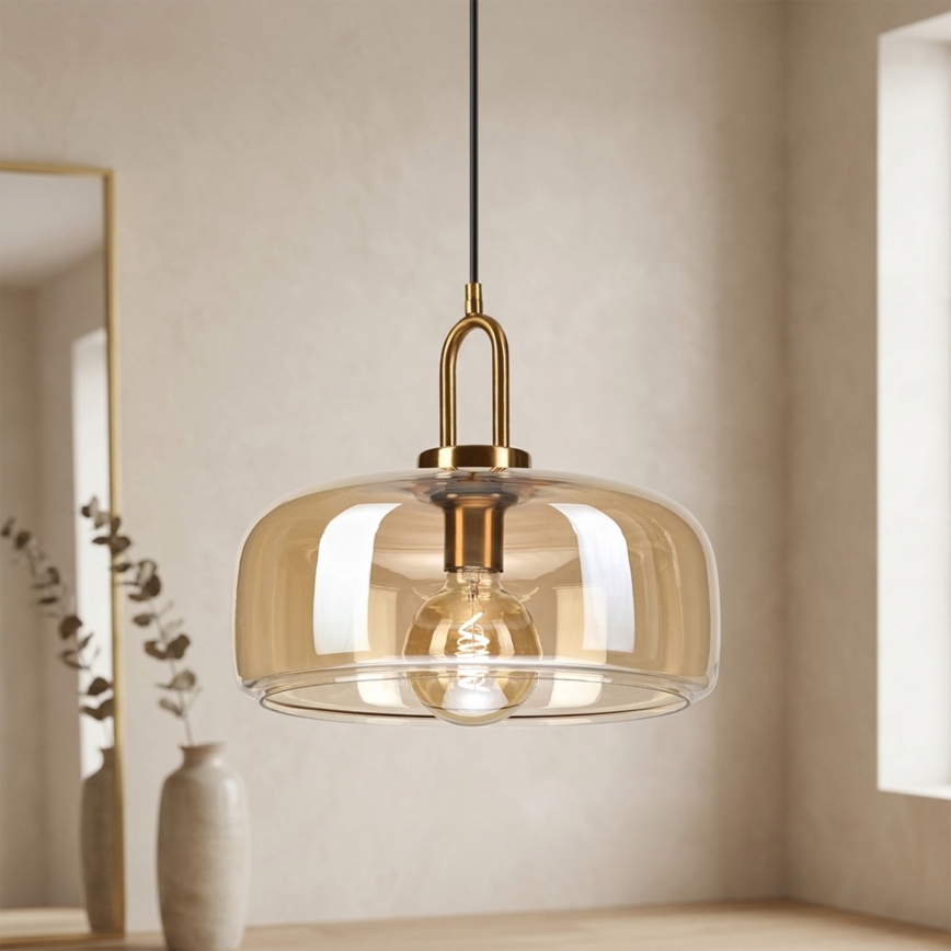 Závesný luster AMAYA na lane 1xE27/15W/230V, zlatá/dymovo-béžová