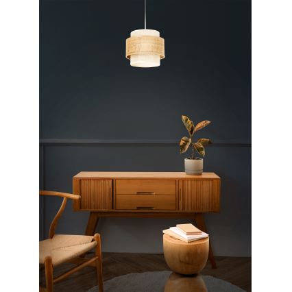 Závesný luster BOHO na lanku, 1× E27, 60 W, 230 V, Ø 20 cm, juta/krémová