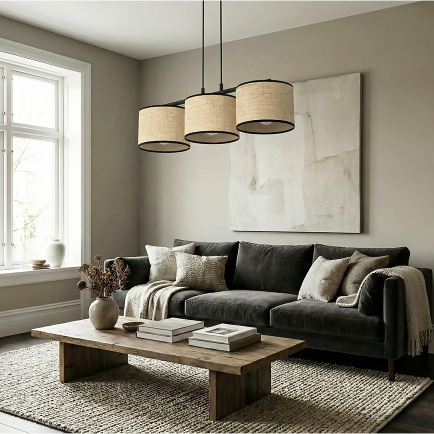 Závesný luster ECO na lanku 3xE27/15W/230V béžový/ratan