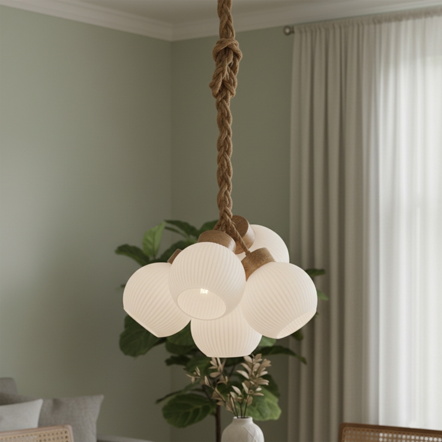 Závesný luster LOOMIS na lane 5xE27/15W/230V 130 cm béžová/dub