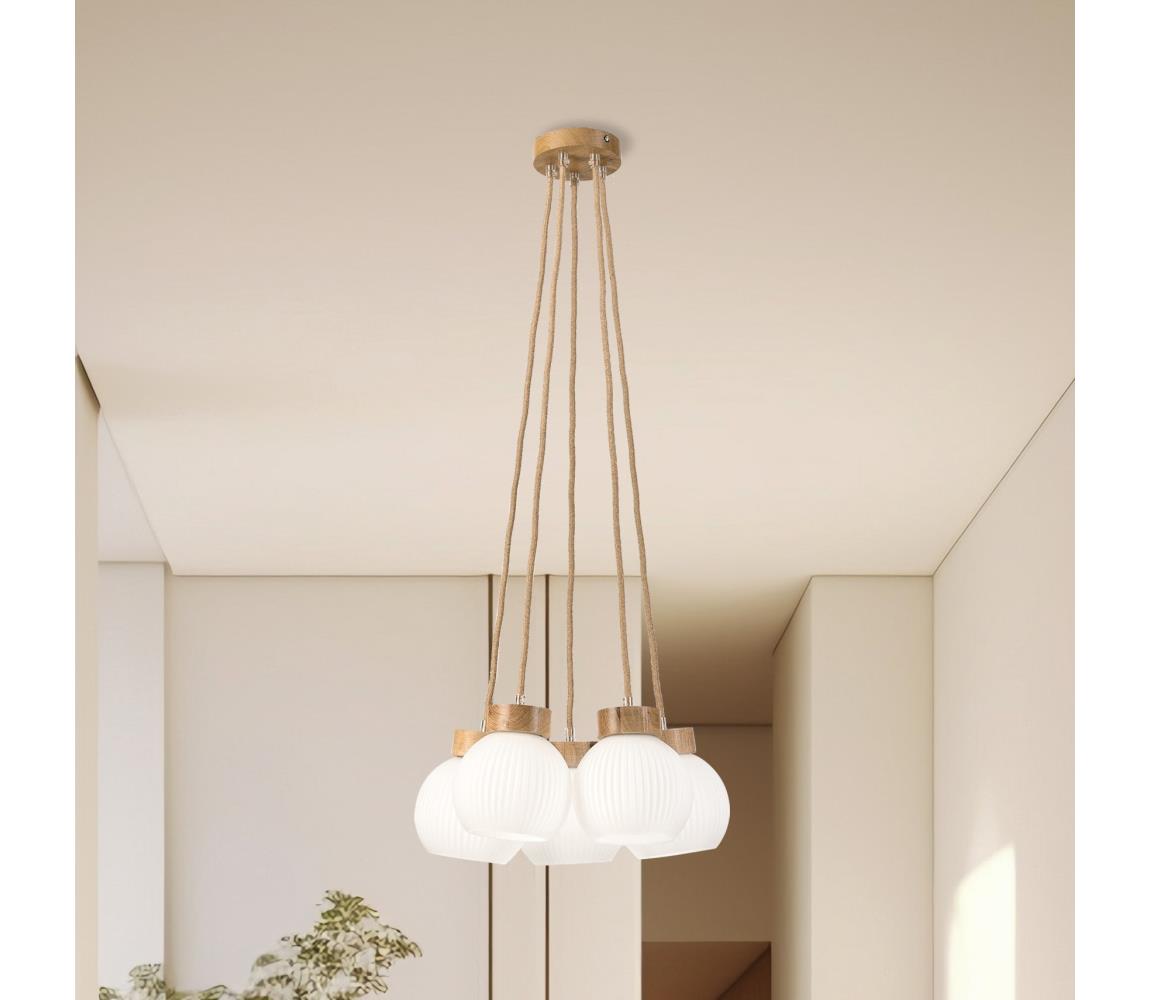 Závesný luster LOOMIS na lanku 5xE27/15W/230V 83 cm béžová/dub LM-5.315/A