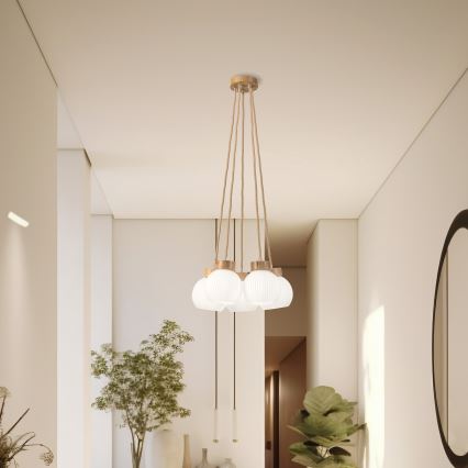 Závesný luster LOOMIS na lanku 5xE27/15W/230V 83 cm béžová/dub