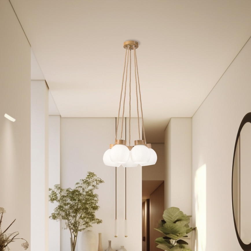 Závesný luster LOOMIS na lanku 5xE27/15W/230V 83 cm béžová/dub