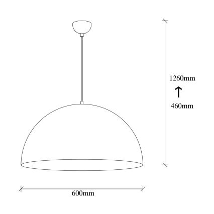 Závesné svietidlo s polguľovým tienidlom o priemere 600 mm visí zo stropu na 1260 mm dlhom káble. Výška tienidla je 460 mm.