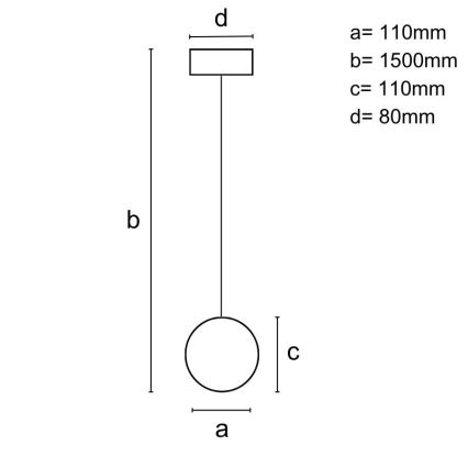Závesné svietidlo visí zo stropu. Má guľovú základňu a obdĺžnikový vrchný diel. Rozmery: a=110mm, b=1500mm, c=110mm, d=80mm.