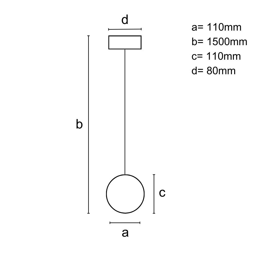 Závesné svietidlo visí zo stropu. Má guľovú základňu a obdĺžnikový vrchný diel. Rozmery: a=110mm, b=1500mm, c=110mm, d=80mm.