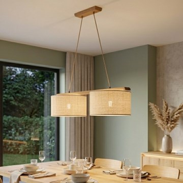 Závesný luster na lanku AIDA 2xE27/15W/230V, priemer 35 cm, dub/rafia