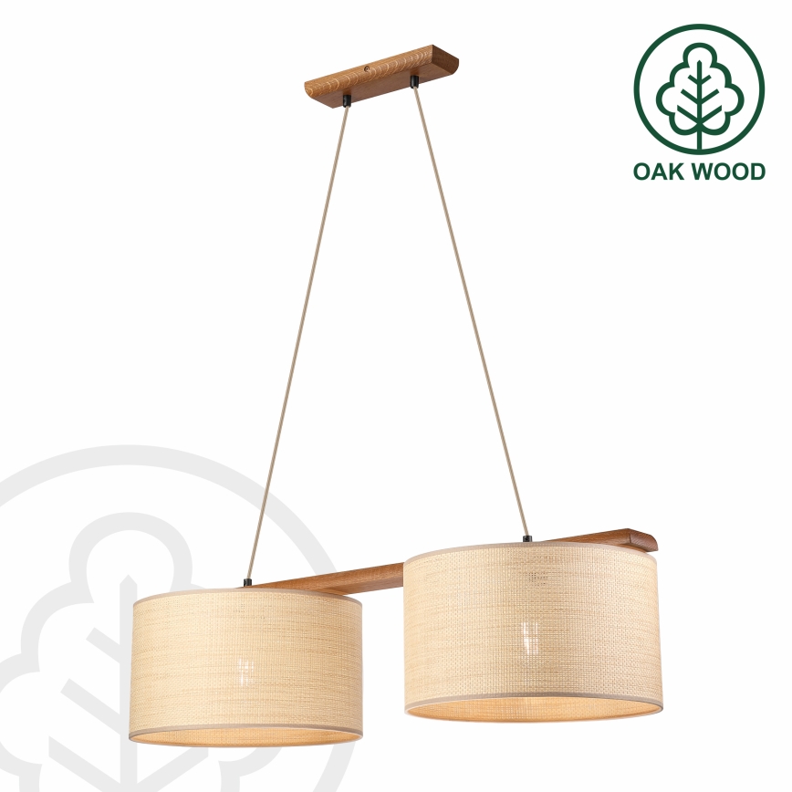 Závesný luster na lanku AIDA 2xE27/15W/230V, priemer 35 cm, dub/rafia