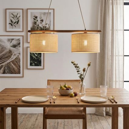 Závesný luster na lanku AIDA 2xE27/15W/230V, priemer 35 cm, dub/rafia