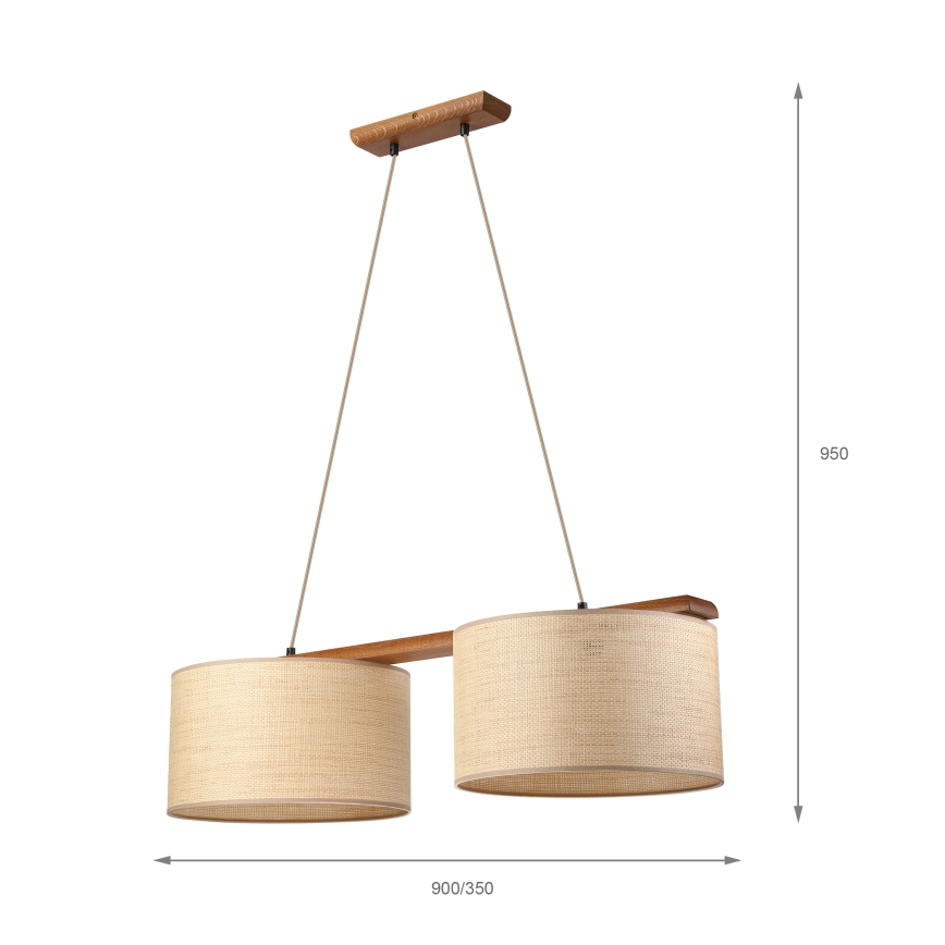 Závesný luster na lanku AIDA 2xE27/15W/230V, priemer 35 cm, dub/rafia