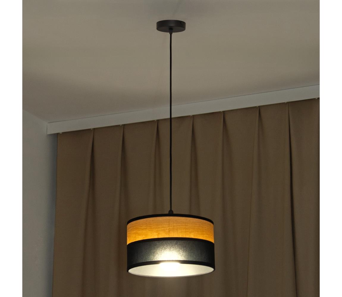 Závesný luster na lanku ALBA 1xE27/15W/230V pr. 25 cm čierna/hnedá W-KM 2515/1 BK+WOOD+BK