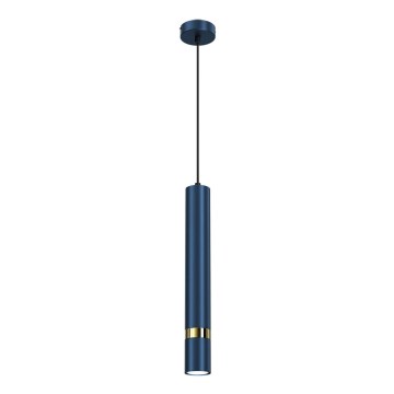 Dlhá tmavomodrá valcová lampa visí zo stropu na čiernom kábli. Má zlatý pásik v strede. Biely pozadia.