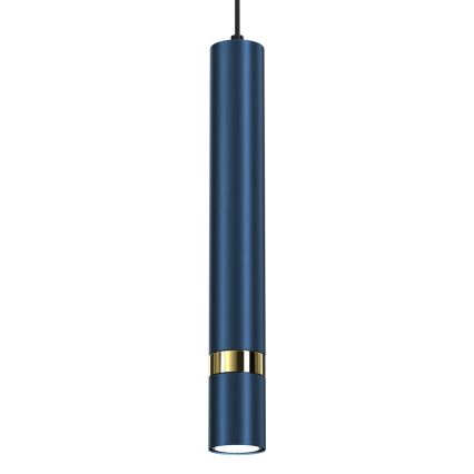 Dlhá tmavomodrá valcová lampa visí zo stropu. Svieti z dolného konca. V strede má zlatý prstenec.