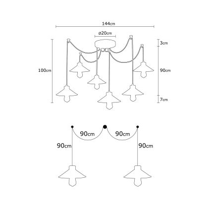 Technický výkres stropného svietidla zobrazuje päť a tri ramená s kužeľovitými tienidlami. Rozmery: 144cm x 20cm, výška 100cm, šírka 90cm, dĺžka ramien 90cm.